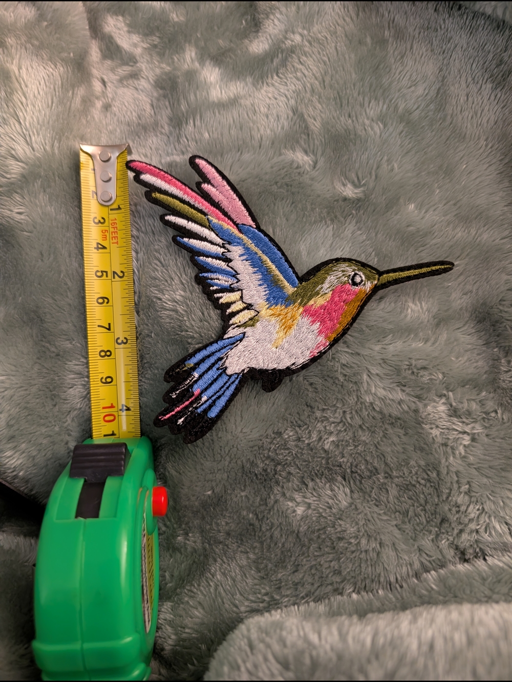 Embroidered Hummingbird Iron On Patch in Blue, Pink, Yellow